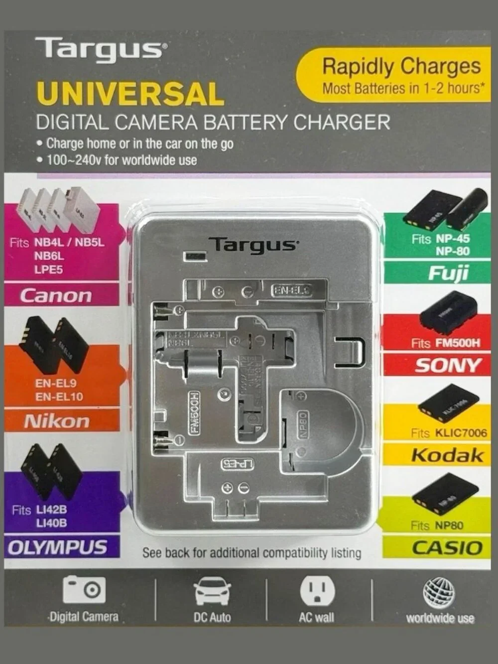 NEW TARGUS UNIVERSAL DIGITAL CAMERA BATTERY CHARGER 100-240v OUTLET WALL CHARGER